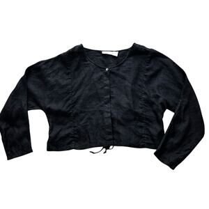 VTG J. Jill Linen Crop L/S Top Black Covered Hook & Eye Close Drawstring Medium
